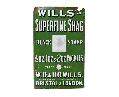 Advertising – “Wills’ Superfine Shag”, early 20th Century pictoral enamel sign, 122 x 77cmCondition report: Patches of rust a