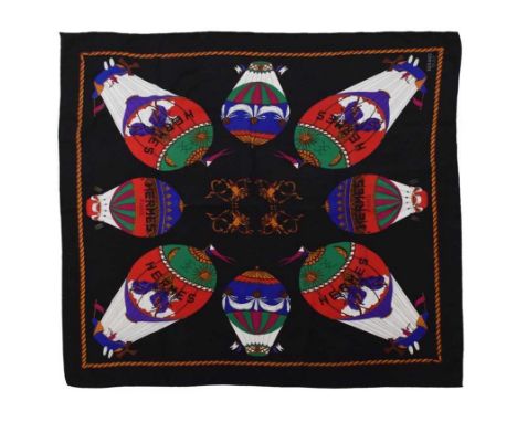 Hermes, Paris, silk scarf, with hot air balloons and cherubs against a black ground, 85cm square, with bagCondition report: D