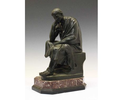 19th Century bronze figure of a seated Classical male, possibly Caesar Augustus, modelled in contemplation with right elbow o