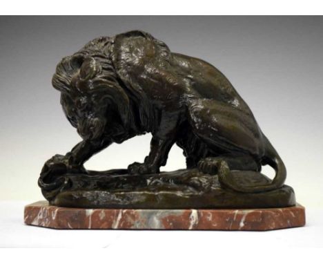 After Antoine Louis Barye, (1795-1875) - Bronze 'Lion au Serpent', with good patina, on a marble plinth, 21cm highCondition r