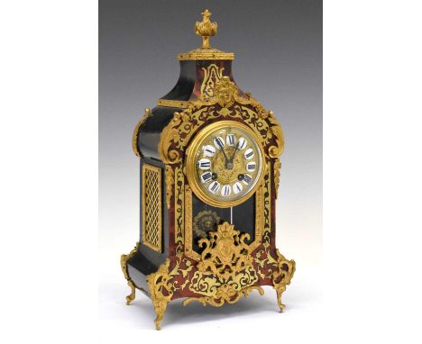 Late 19th Century French red boulle mantel clock, anonymous, having cellular Roman chapter ring, the two-train movement strik