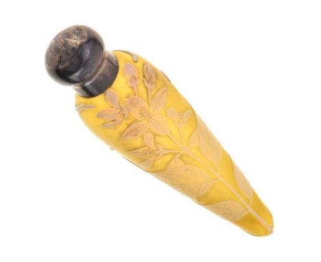 Victorian silver mounted cameo glass scent bottle of tapered form decorated with a white floral spray to a yellow ground in t