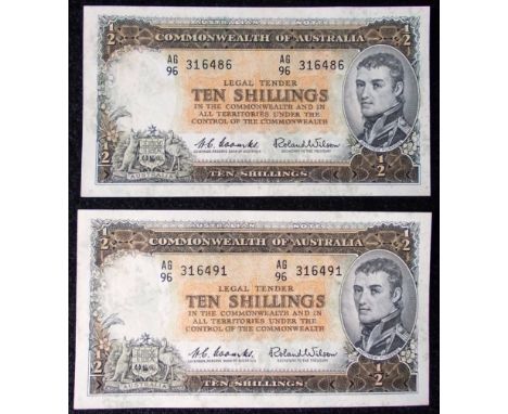 Banknotes. (2) Australia. 10/-. 1953-54 issue. AG/96. Some light stain otherwise both GEF.