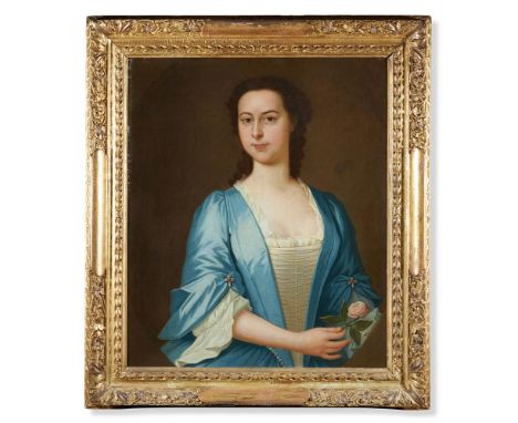 ENGLISH SCHOOL (18TH CENTURY)PORTRAIT OF A LADY, HALF LENGTH, IN A BLUE DRESSOil on canvas73 x 61cm (28½ x 24 in.)Condition R