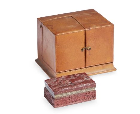 A CARVED ROSSO ANTICO MARBLE SNUFFBOX EARLY 19TH CENTURY Inscribed with the names of Wellington, his Generals, and their batt