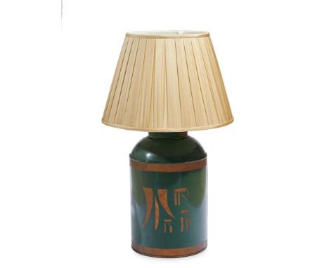 A GREEN AND GILT DECORATED TOLE TEA CANISTER MOUNTED AS A LAMP THE CANISTER LATE 19TH CENTURY, LATER ADAPTED 44cm high (exclu