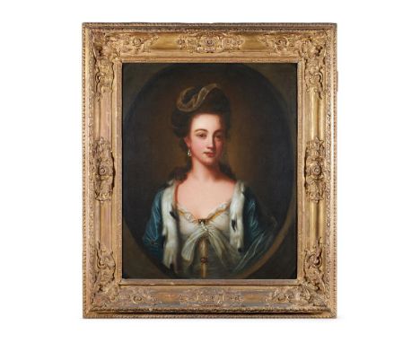 ENGLISH SCHOOL (18TH CENTURY)PORTRAIT OF A LADY, WITH AN ERMINE WRAP, IN A FEIGNED OVALOil on canvas73 x 59cm (28½ x 23 in.) 
