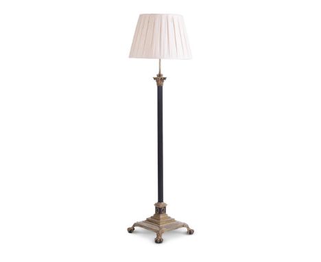 A PATINATED BRASS AND GILT METAL COLUMNAR STANDARD LAMP IN CORINTHIAN TASTE, 20TH CENTURY  159cm high (including shade), the 