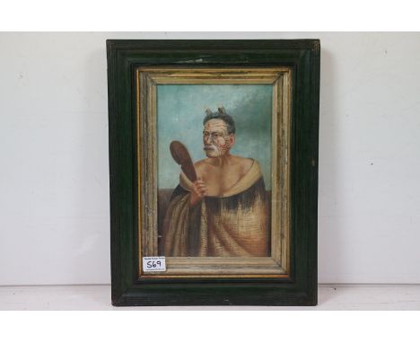 Framed Oil Painting Portrait of a Maori Warrior, 29cm x 19cm 