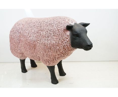Large painted fibreglass model of a sheep, in black &amp; metallic pink. Measures approx 70cm H x 100cm L 