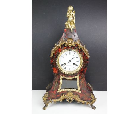 Martin &amp; Baskette of Paris - A late 19th / early 20th century tortoiseshell &amp; ormolu boulle mantel clock, with white 
