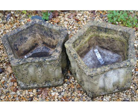 Two reconstituted stone garden planter pots of pentagonal form with moulded columns to the sides. Measures approx 41cm wide. 