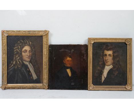 Three 19th Century portraits of gentlemen, to include one with note stating 'Sir Christopher Wren painted by J Burgess 1814' 