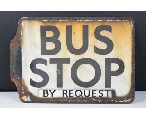 Enamel bus stop by request double sided sign. Measures 23 x 33cm. 