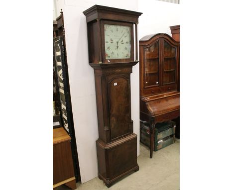 18th century Mahogany Inlaid Longcase Clock, the square hood housing a painted face decorated with birds and flowers, Roman n