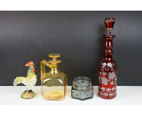 Collection of glass to include a Bohemian ruby flash glass decanter, Dartington grey glass vase, amber glass decanter, and a 