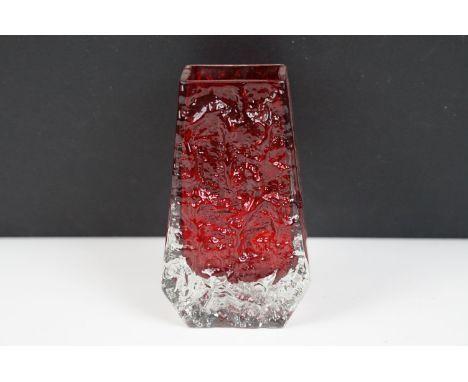 Whitefriars Coffin Vase in the Ruby Red colourway, from Geoffrey Baxter's Textured Glass range, measures approx 13cm tall 