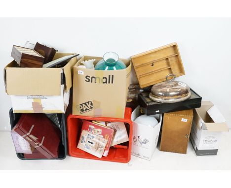 Large quantity of mixed collectables, featuring a large twin handled silver plated serving tray, cloche, oil lamp, lamp shade