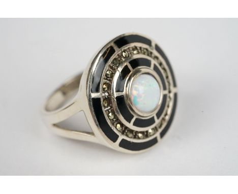 Silver Ring set with Onyx Marcasite and Opal Panel 