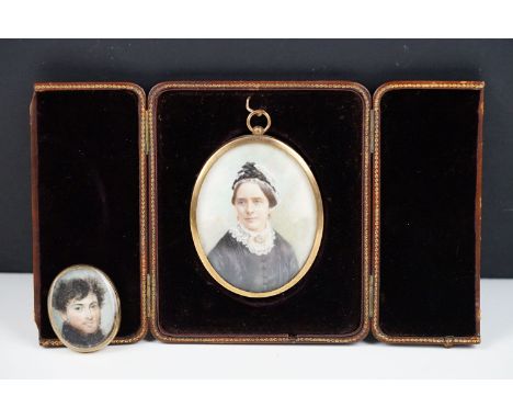 19th Century portrait miniature depicting a female figure set within a yellow metal frame, together with another 19th Century
