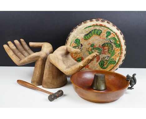 Chinese 1920s painted double sided drum together with a pair of Thai carved wooden hands, and a novelty squirrel nut cracker 
