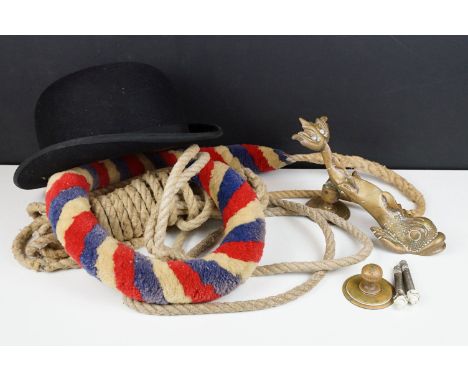 Maltese brass dolphin door knocker, together with a Dunn &amp; Co of London black bowler hat, and a church bell rope pull 