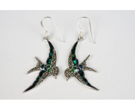 Pair of Silver and Enamel Bird Drop Earrings 
