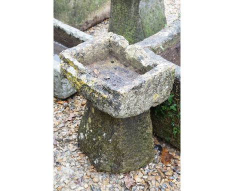 Reconstituted stone bird bath / planter of rectangular pedestal form. Measures approx 36cm wide. 