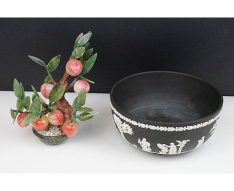 Wedgwood black Jasperware bowl, decorated in typical style with Neo-classical maidens, 20cm diameter; plus a Chinese jade &am
