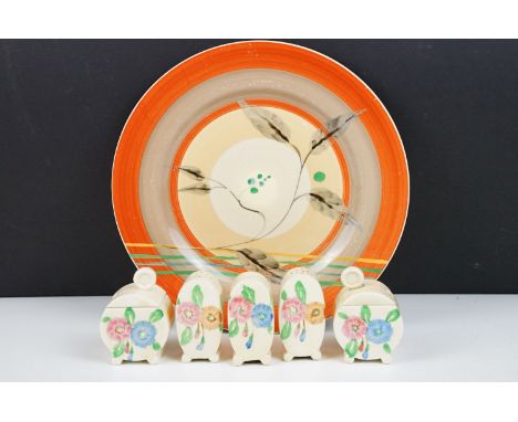 Clarice Cliff for Newport Pottery five piece cruet set of 'Bonjour' form, with hand painted floral decoration; plus a Clarice