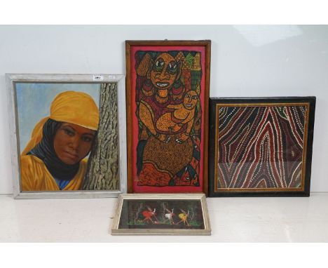 Four Framed Ethnic Art Paintings to include Oil Painting of a Young Woman, Tribal Dancers, a Carving and a Dot Abstract. Tall