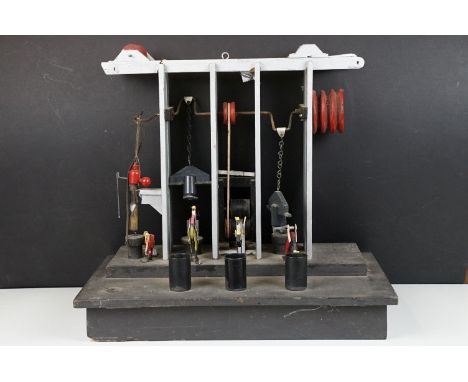 Scratch built painted wooden metalworking mechanical model, the metalworkers with articulated limbs, raised on a rectangular 