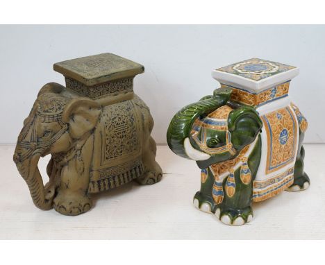 Two ceramic elephant stools / lamp tables featuring a polychrome glazed example and grey example. Tallest measures 43cm. 
