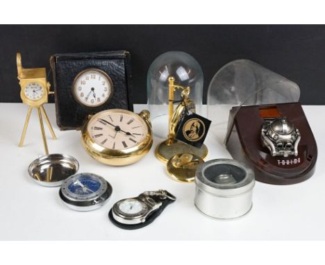 A small collection of vintage and contemporary clocks and watches together with a pocket compass. 