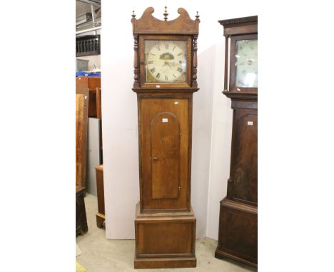 19th century Oak Longcase Clock, the hood with shaped top and columns, housing a painted face decorated with a scene of a cou