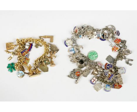 Two vintage charm bracelets both complete with charms to include silver and enamel examples. 