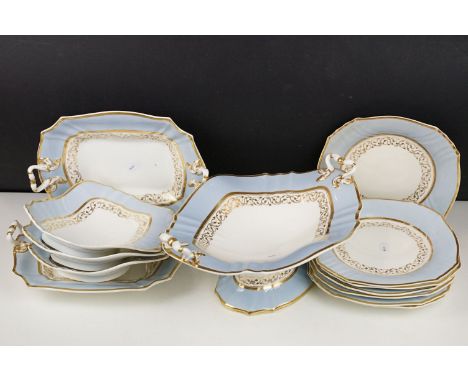 19th Century Victorian part dinner service having gilt and light blue rims, with scrolled foliate details. The lot to include