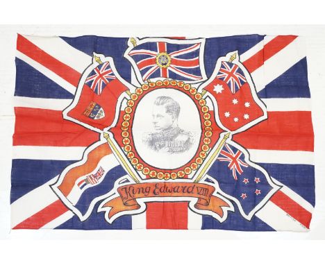King Edward VIII Cloth Union Flag, with portrait of the King to centre, surrounded by flag of the Commonwealth. Measures appr