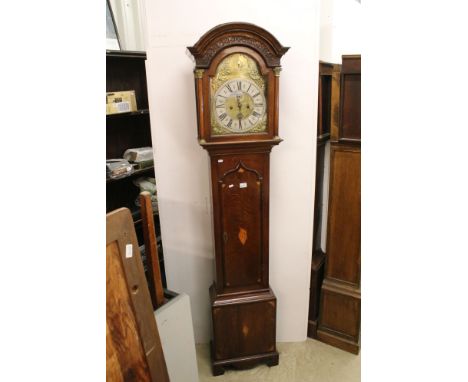 18th / 19th century Oak Inlaid 8 day Longcase Clock, the domed hood housing a brass face with silvered dial, Roman numerals a