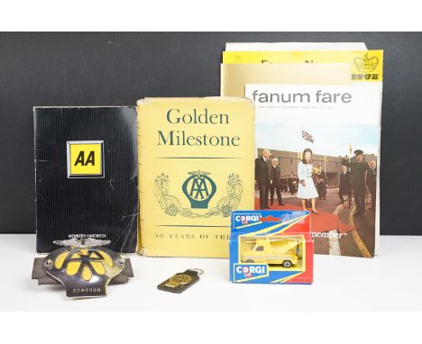 A group of AA / Automobile Association collectables to include car grill badge, handbook, corgi model, Golden Milestone book 