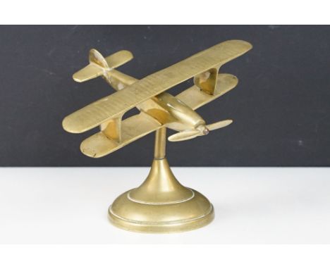 Brass Model on Stand of a Bi-Plane Airplane, 14cm high 