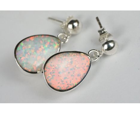 Pair of Large Pear Shaped Opal Drop Earrings 