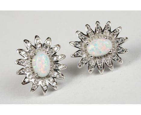 Pair of Silver CZ and Opal Paneled Earrings 