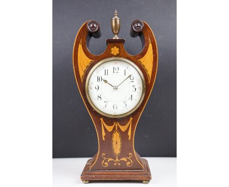 Edwardian Art Nouveau inlaid mahogany mantel clock, with white enamel dial, black Arabic numerals, the case finely inlaid, wi