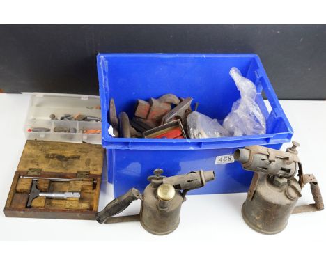 Collection of tools including square head, centre head, small vice, clamps, Starrett centre finder, blow torches, and a selec