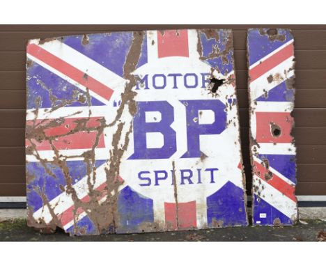 Vintage BP Motor Spirit enamelled advertising sign with logo to centre on a union jack background. AF, part broken but presen