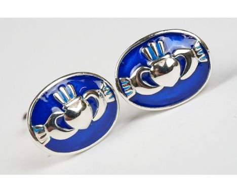 Pair of Silver and Enamel Claddagh Cufflinks 