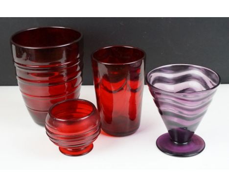 Group of Whitefriars glassware, 4 pieces, to include a purple / aubergine wavy pattern footed vase, a ruby red wavy vase, rub