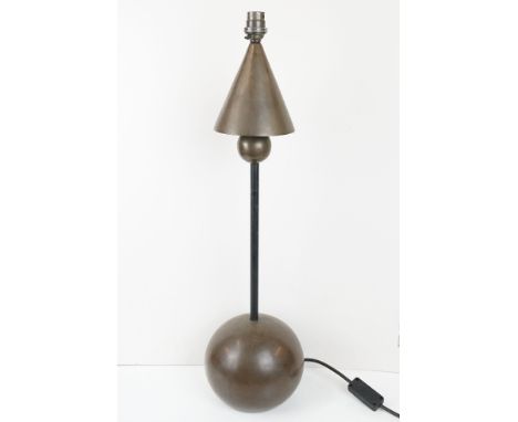 Modernist style table lamp having an orb shaped base with column, orb and conical termination. Measures approx 60cm tall. 