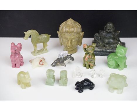 A small collection of carved stone ornaments to include Crystal, Jade and soapstone examples. 